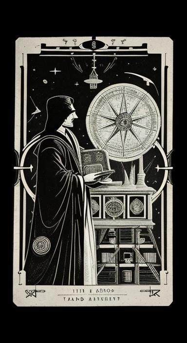 black and white photography. fog. old fashioned tarot card design. 1800's. Ancient Computer. camera obsura. telescope. b...