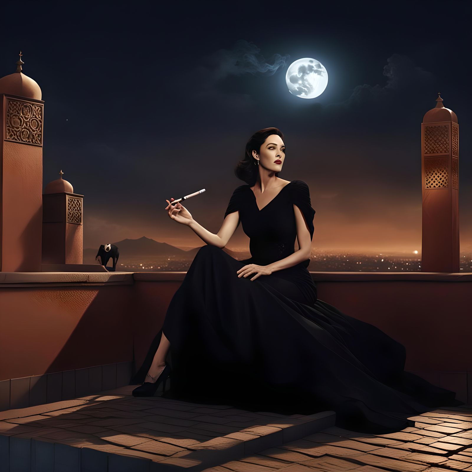 Monica Bellucci wearing a beautiful black dress and smoking a cigarette in  a rooftop with a shadowed man, full moon background, the rooftop... - AI  Generated Artwork - NightCafe Creator