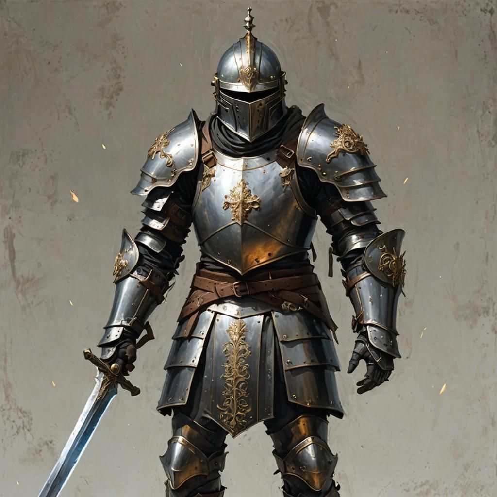 Full plate armor. Helmet. Two handed sword. Ephemeral glow around the armor