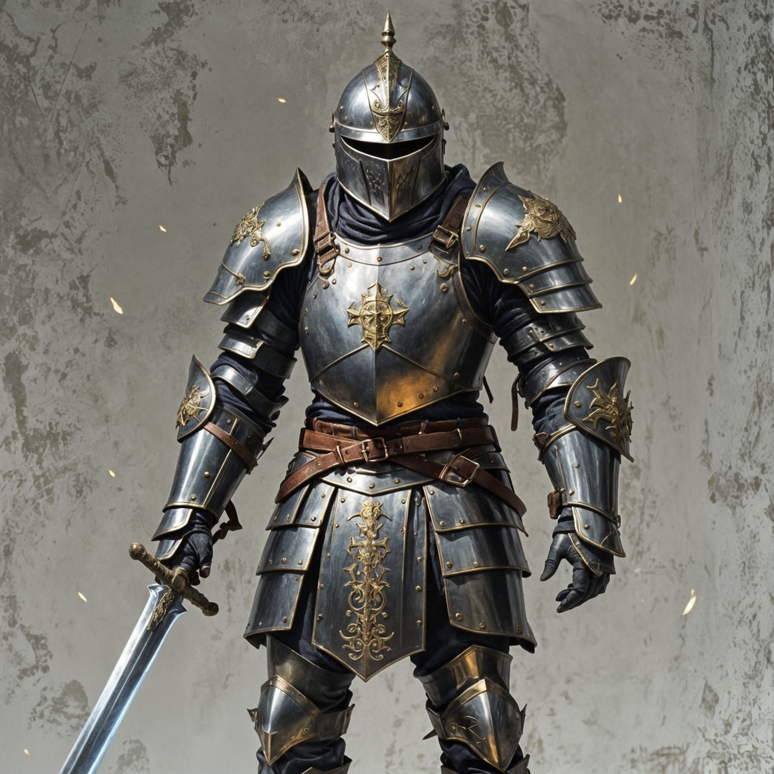 Full plate armor. Helmet. Two handed sword. Ephemeral glow around the armor