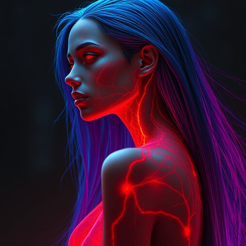 a female with veins sticking out, a red glow flowing through the veins, long flowing blue hair