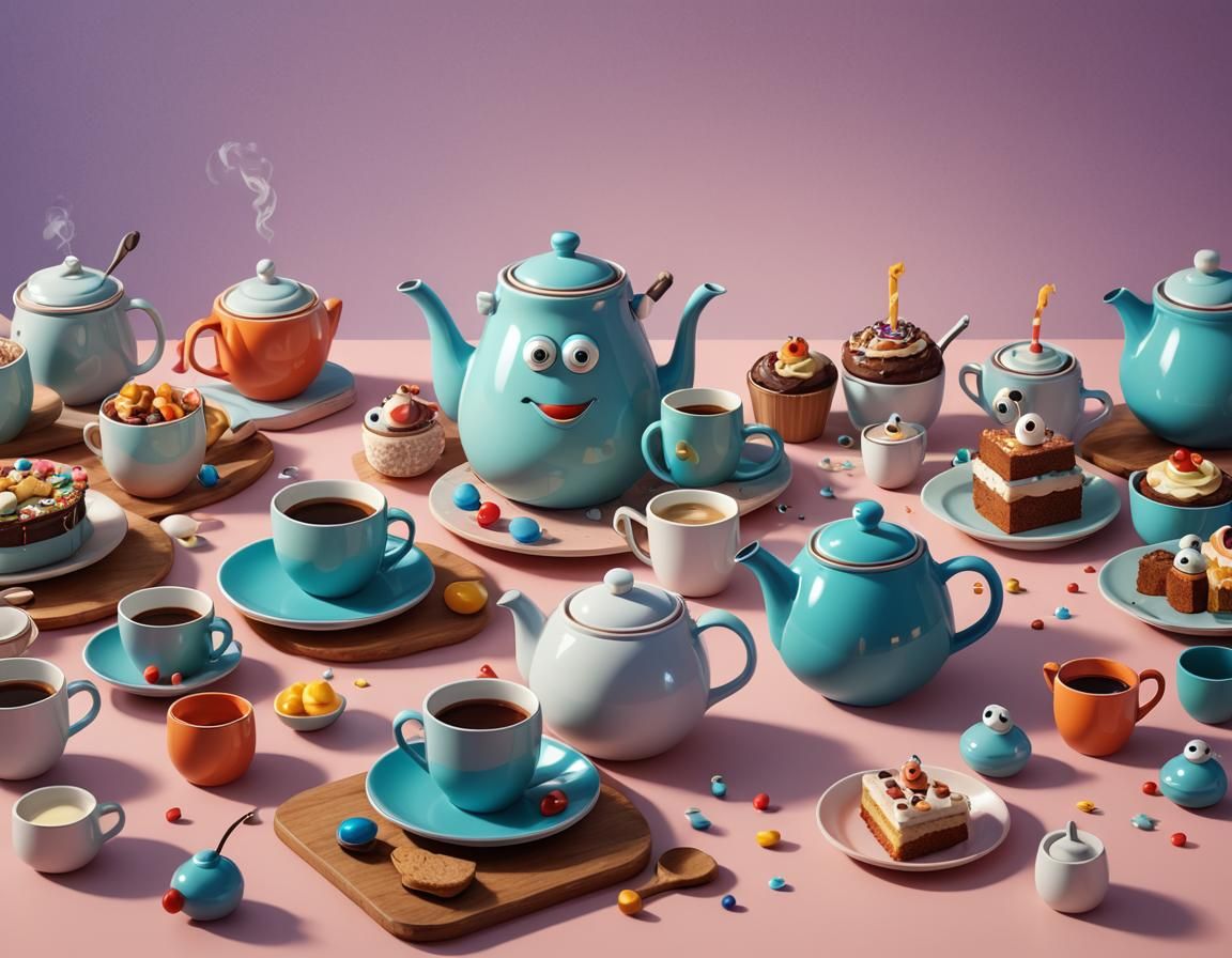 Teapot,mugs and cake with googly eyes, 3D Game Cinematic Feel, Pixar, Disney, concept art, 3d digital art, Maya 3D, ZBru...