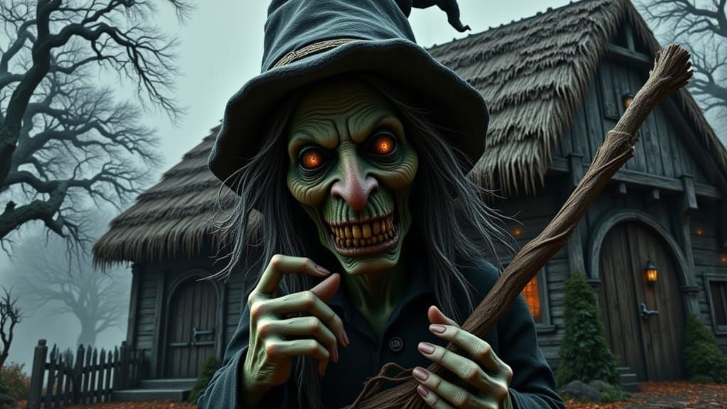 An ugly gnarled dried shriveled-up old wicked witch.  Her face resembles an old, dried-up, shriveled apple witch doll. She has distorted fea...