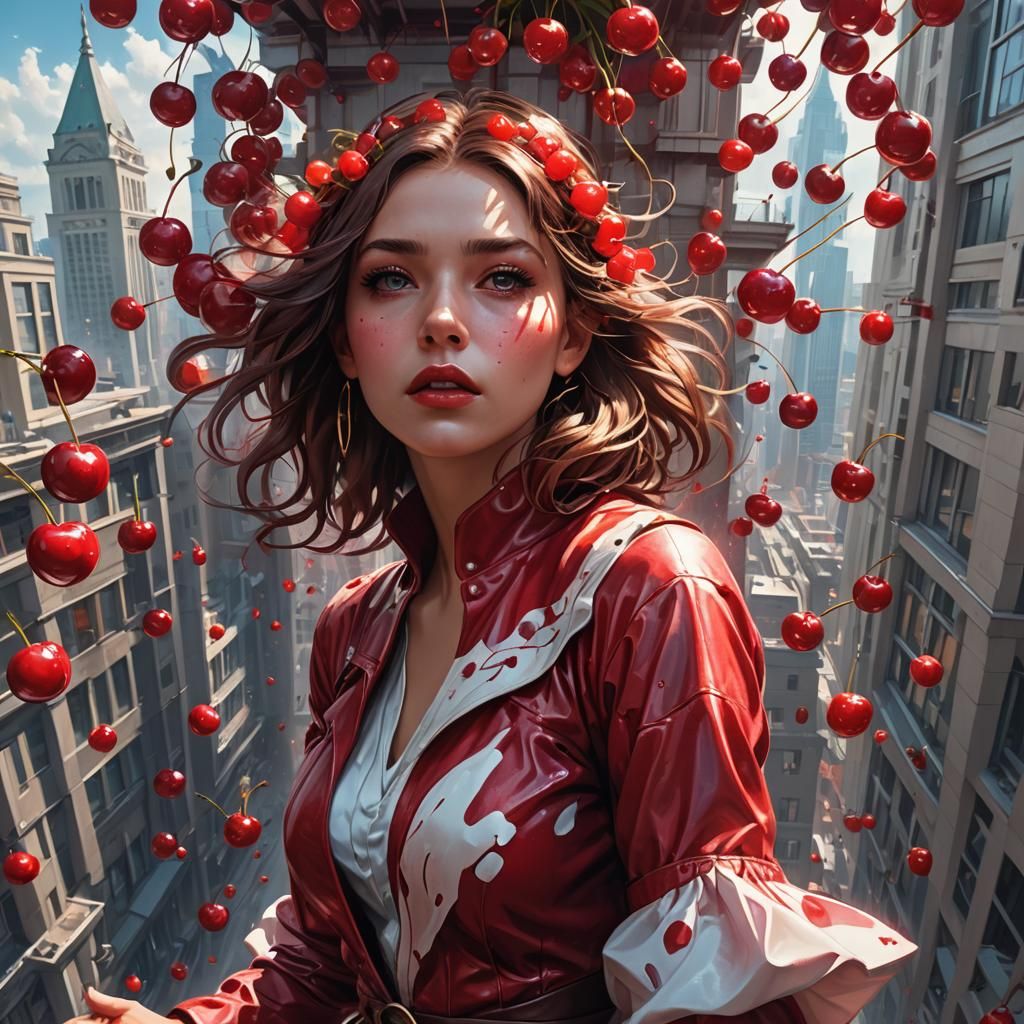 A girl dressed in a cherry themed falling of a sky high building in shock .