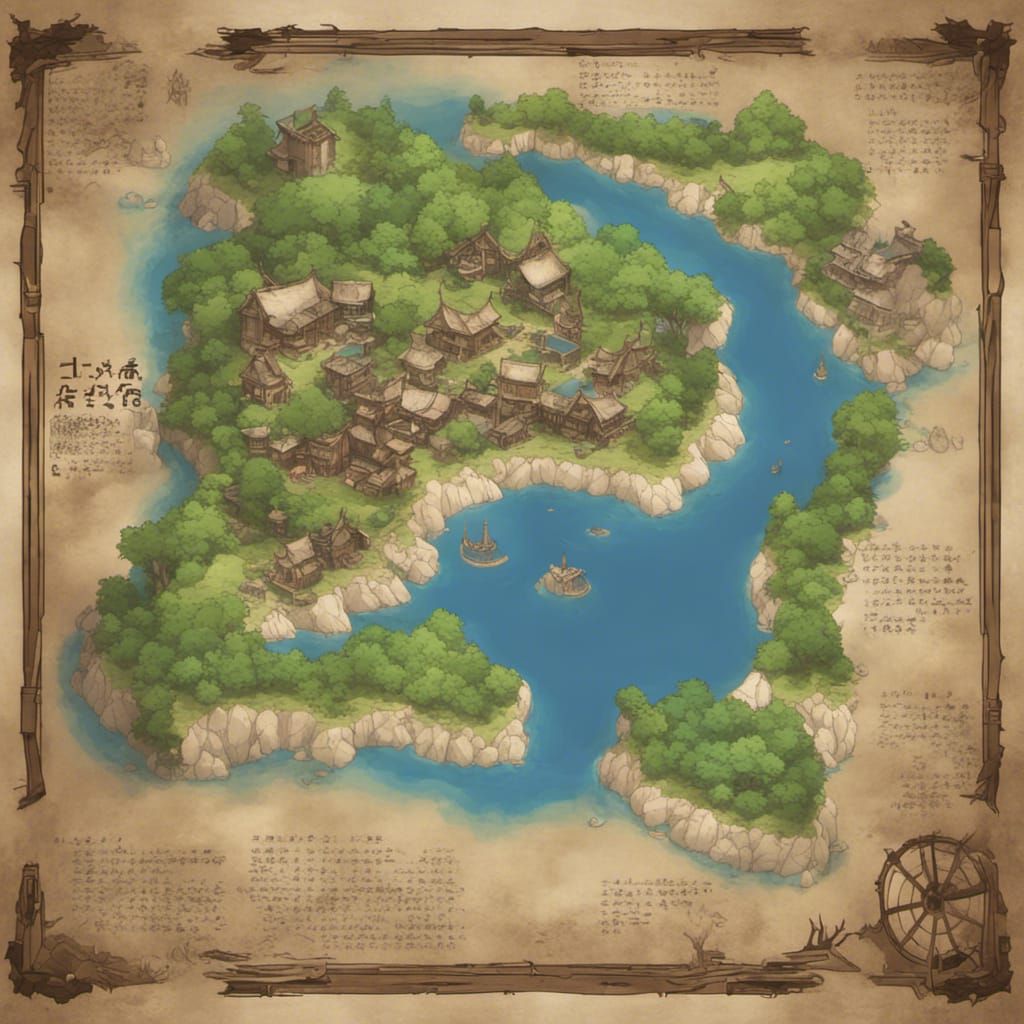 I need a picture with a wooden frame, with a map inside. This map looks old, and has a main island with some point of in...