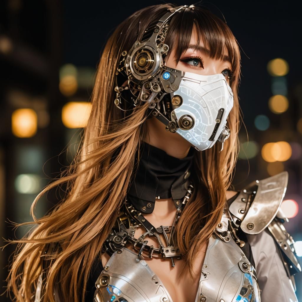 A mysterious and elegant beautiful young japan wearing a mech mask covering the upper half of her face. glowing blue eye...