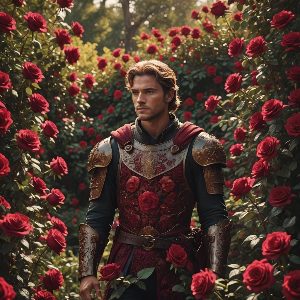 Handsome warrior prince in a garden of deep red roses