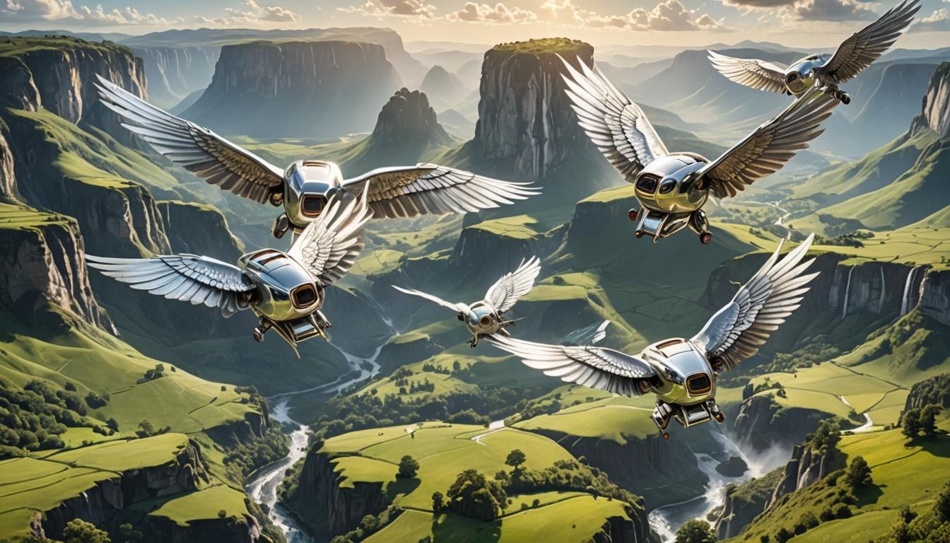 Shiny silver toasters with big wings flying over a beautiful landscape