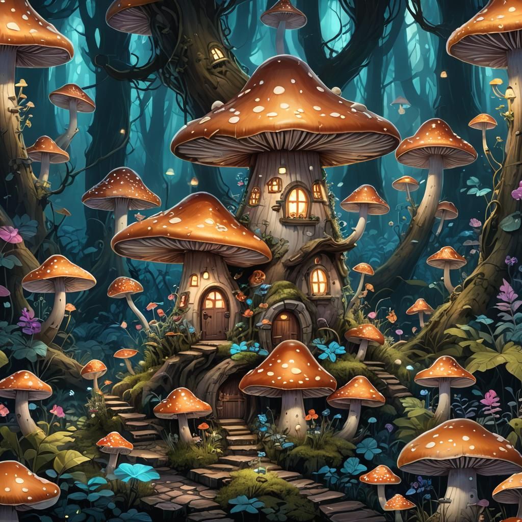 A fairy mushroom house in an enchanted bioluminescent forest...