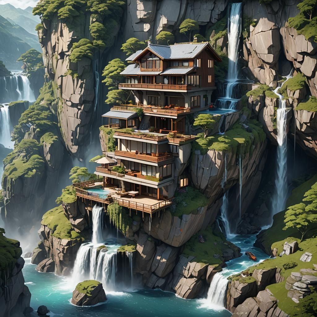 A beautiful cliffside house with a waterfall