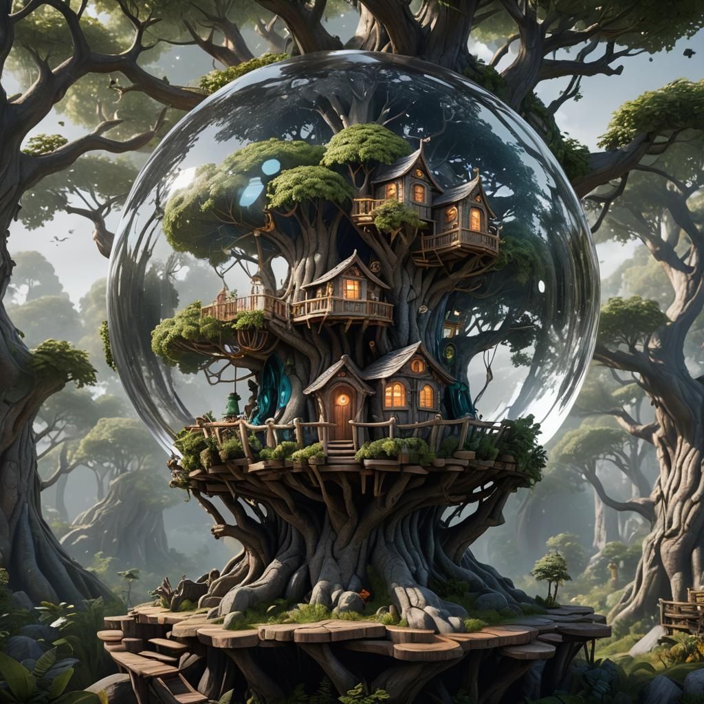 a treehouse inside a crystal sphere