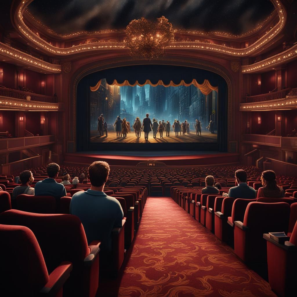 people in a movie theater watching a film about a Broadway play detailed matte painting, deep color, fantastical, intric...