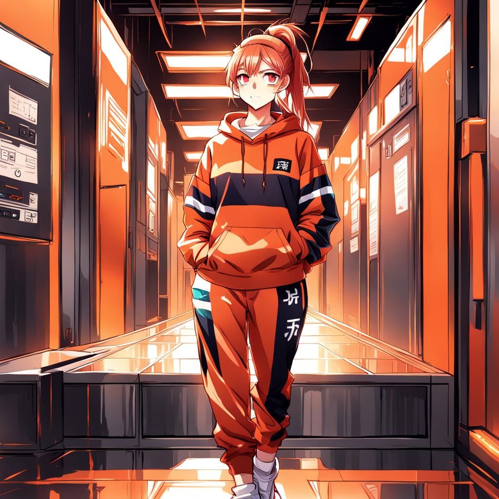 a beautiful 15 year old girl in a sweatsuit and trousers