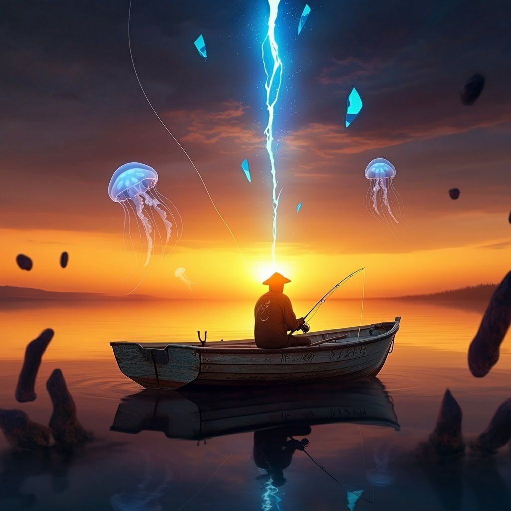 Mystical Fisherman with Glowing Rift in the Sky