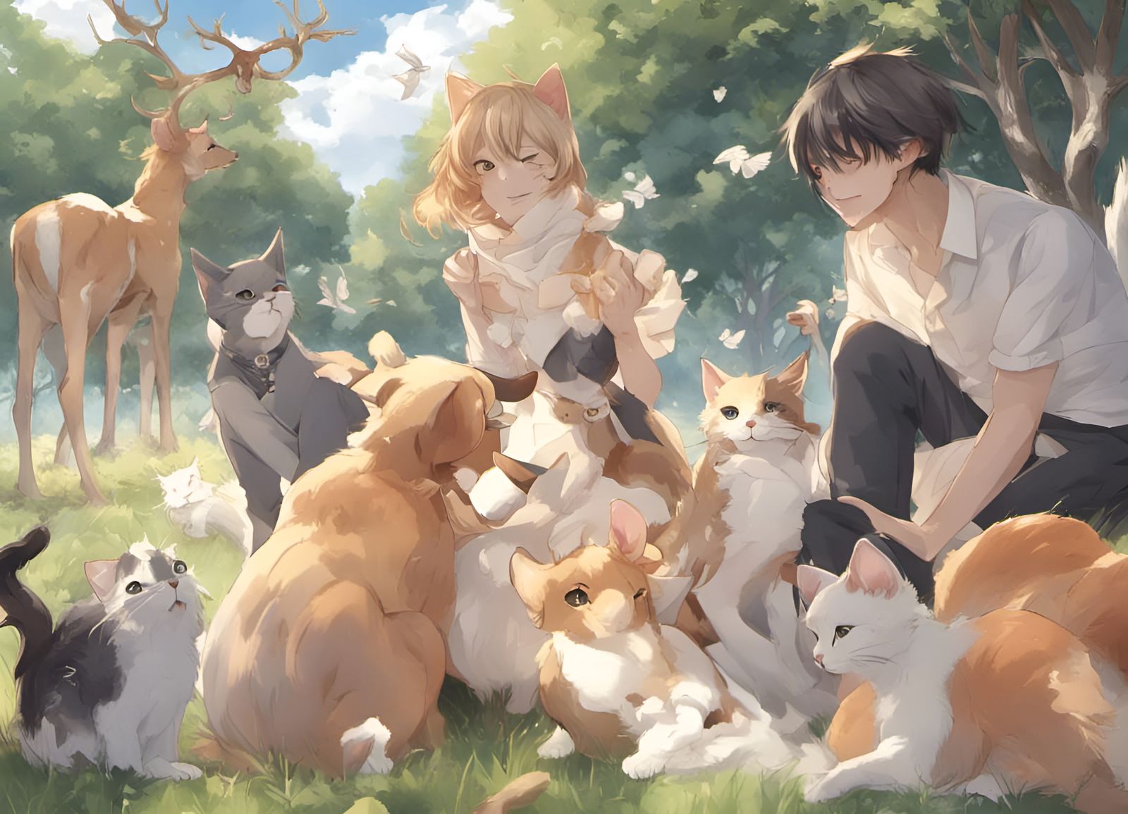 cats are playing with human, dogs are playing with ball, dee...
