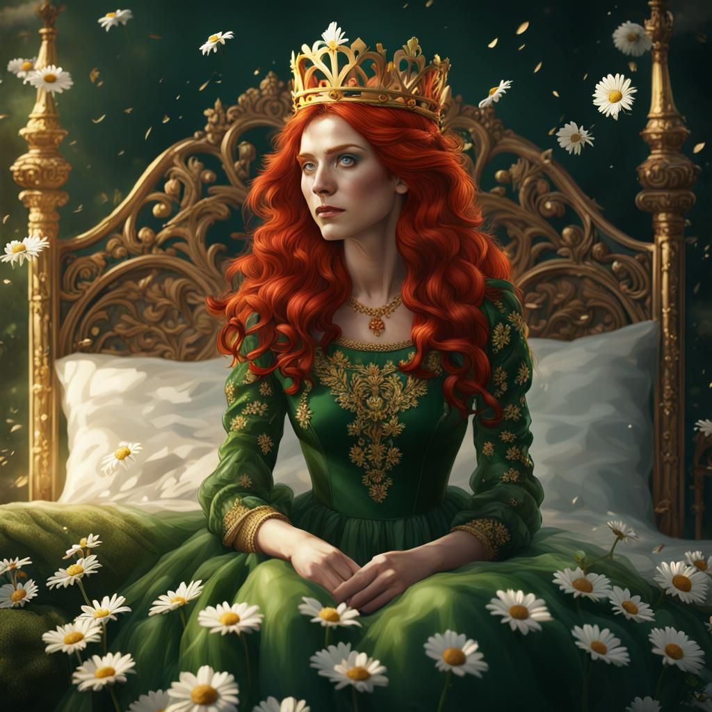 woman, red hair, green dress, gold crown, bed of daisies