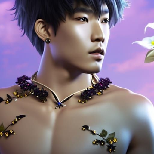 elegant stylish messy wavy short-haired japanese young man with a choker necklace and cross earrings, caressing and kiss...