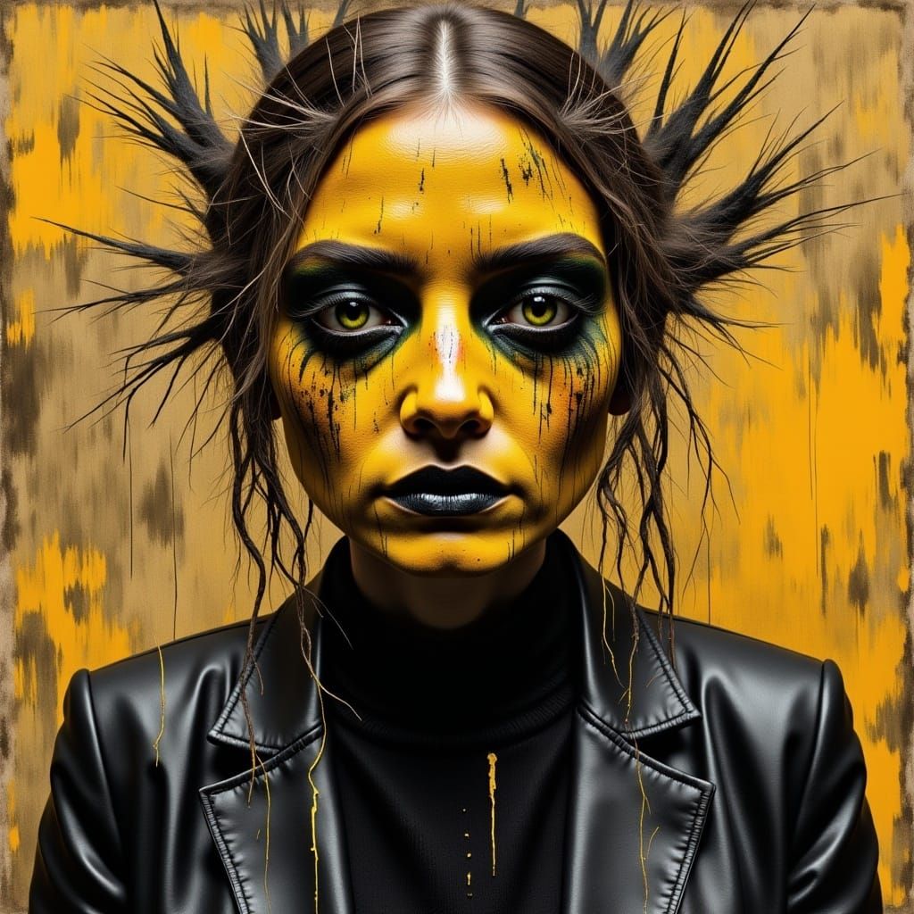 Gothic Girl in Art Brut style, with gold and indigo raw, untrained techniques --style raw --ar 3:2 <lora:Tawny Flux:1.0> 