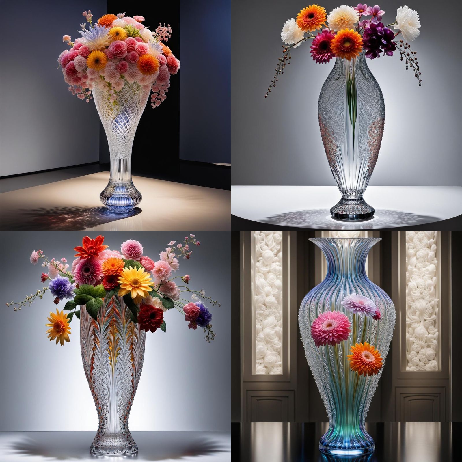 A majestic tall crystal cut glass vase, adorned with vibrant flowers