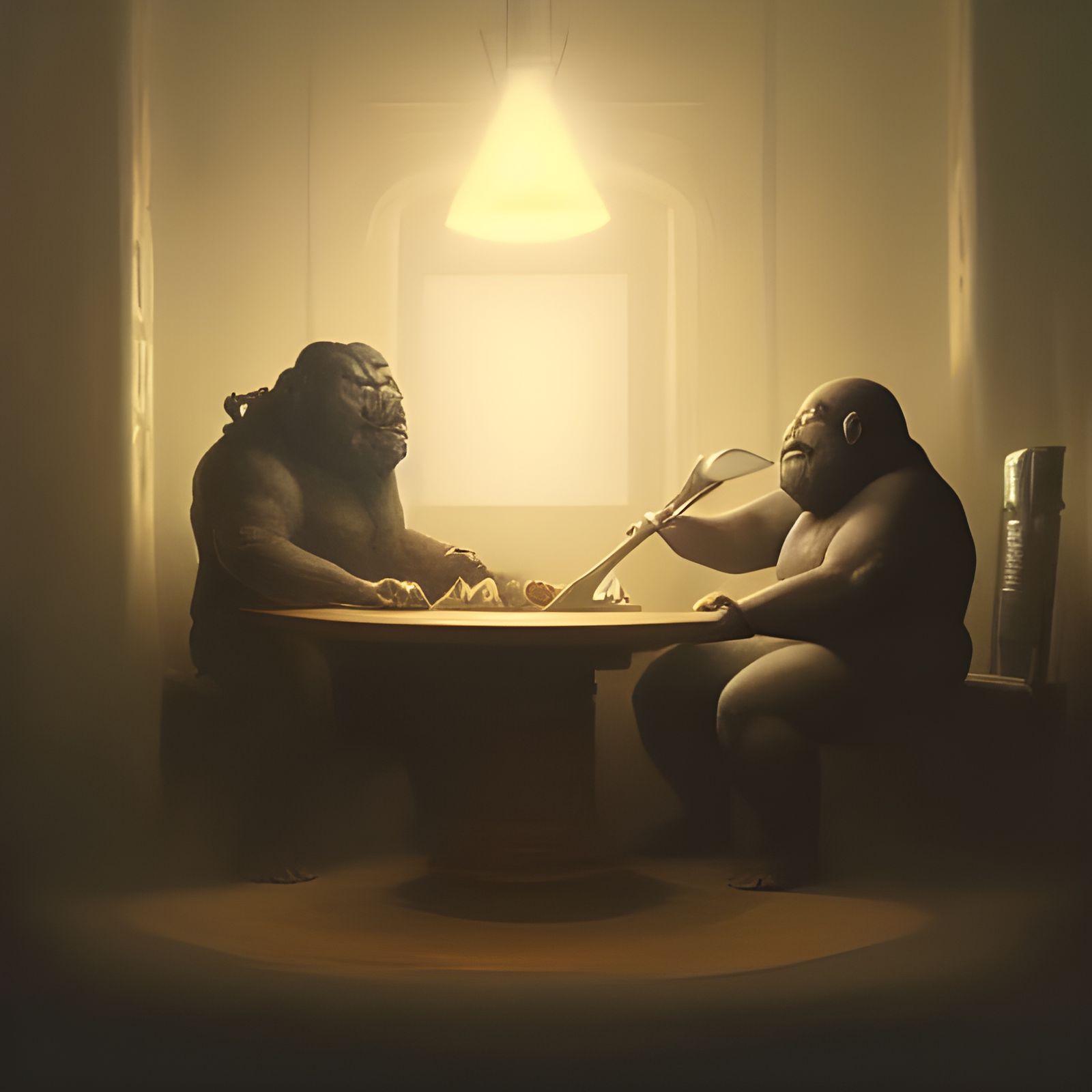 A big built man sits alone at a table holding a soup spoon as he leans over his soup bowl and scrolls through phone mess...