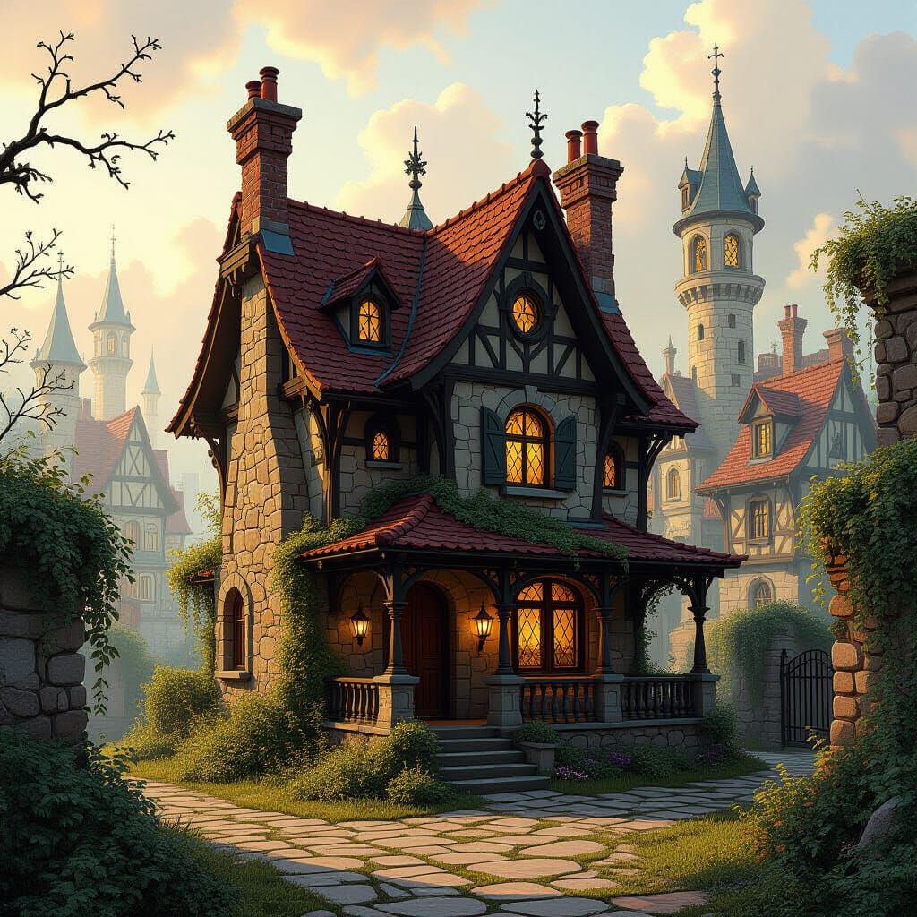 Mystical City: Old House Landscape in Fantasy Art Style
