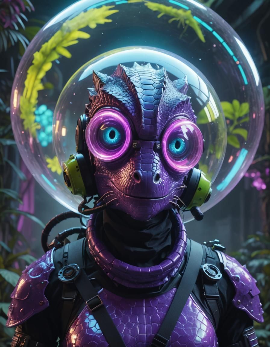 cyberpunk trashpunk reptilian lizard person bubble helmet walking through a Surreal portal in light colors violet, blue,...