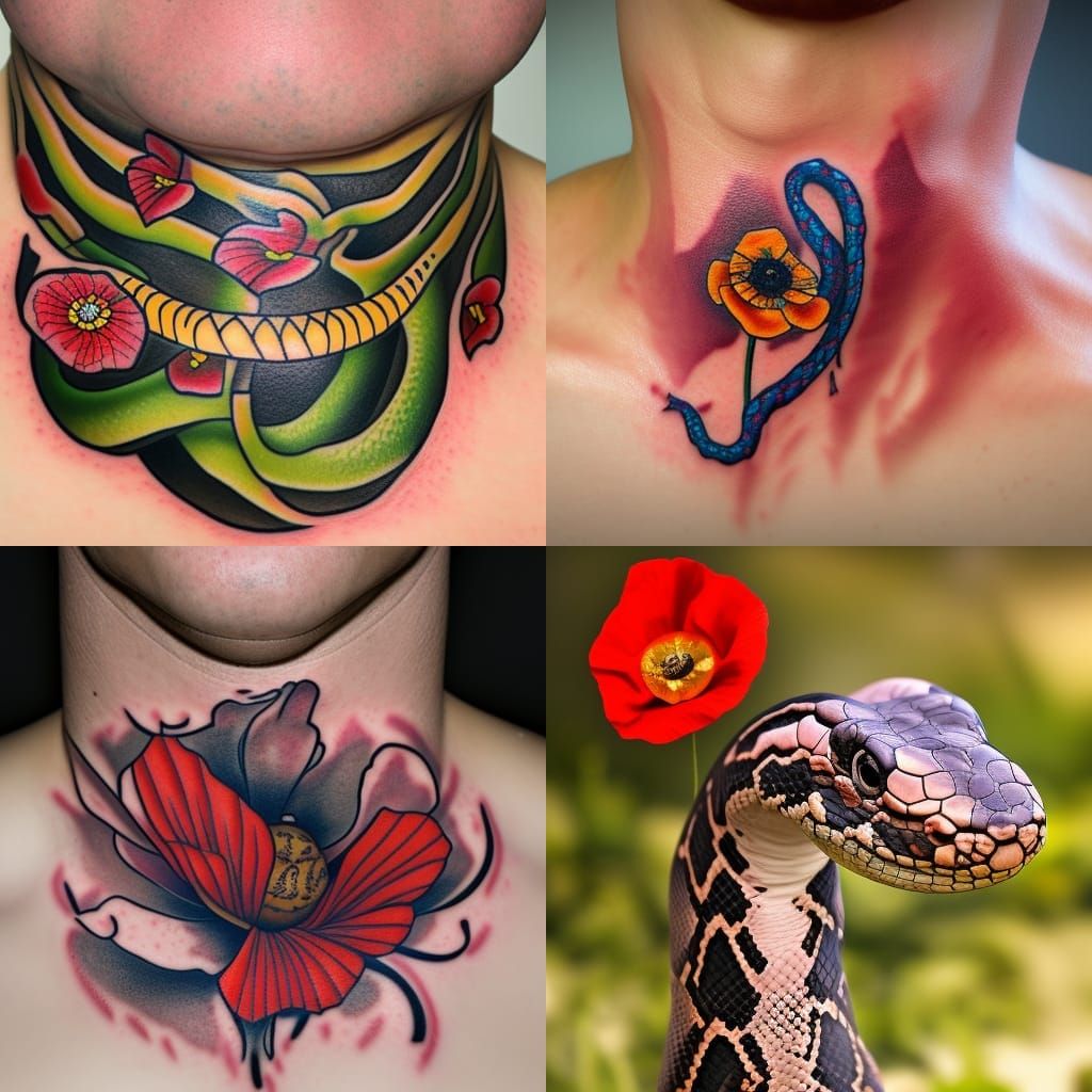 hissing full snake poppy flower simple neck throat neotradional tattoo  flash 8K resolution DSLR - AI Generated Artwork - NightCafe Creator