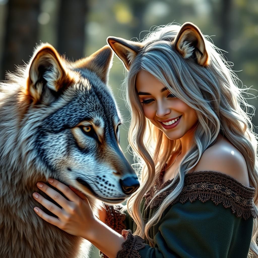 a vibrant Enameled Glass art piece of a cute silver-haired woman with real wolf ears patting the wolf , In a stunning fa...