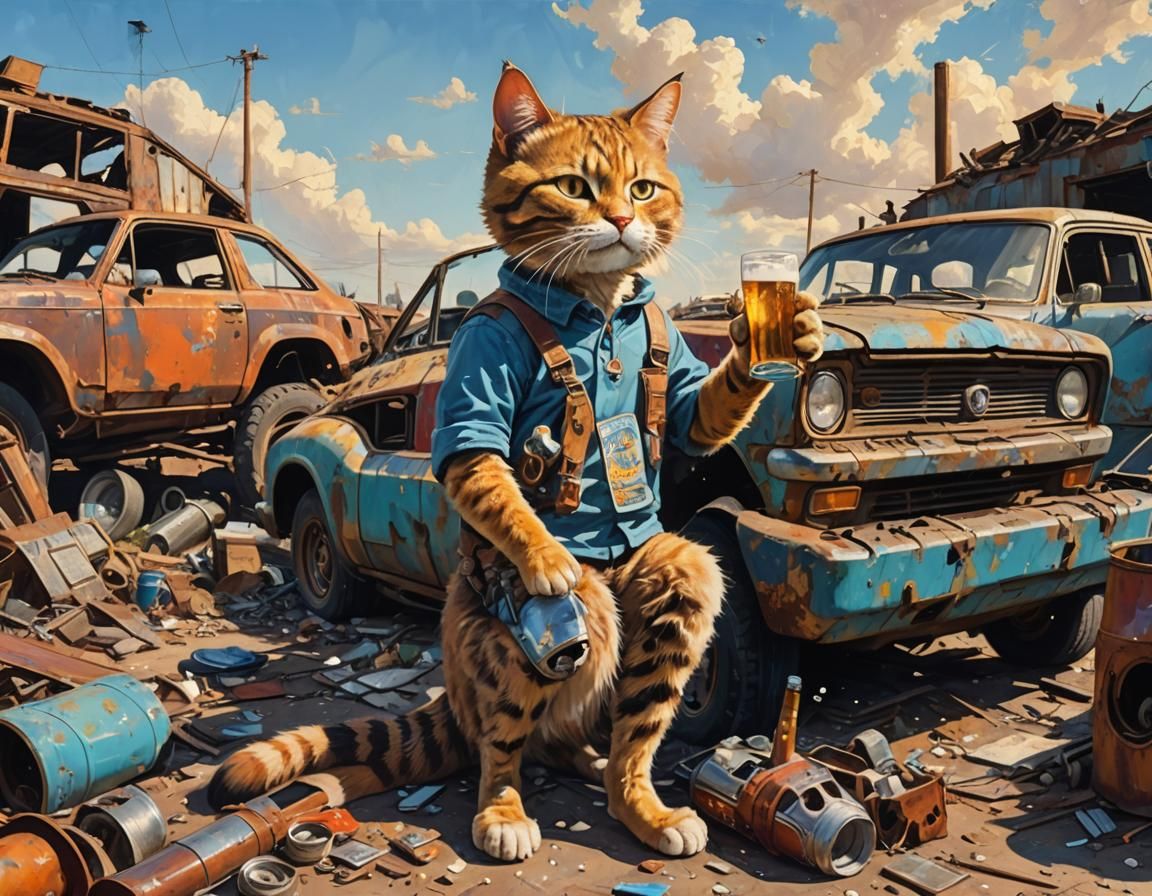 A humanoid cat drinking a beer in a junkyard on a bright sunny day