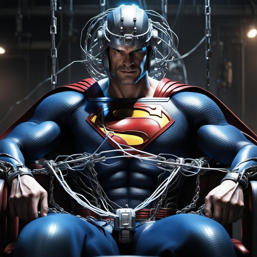 Superman is series of chains around his arms, knees, wrists, ankles, and waist. He is wearing a mind control helmet that...