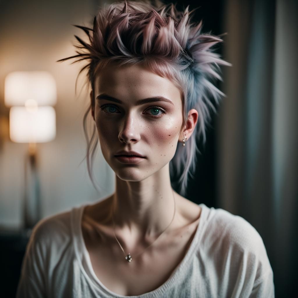 Thorough, analog style, eye focus, highest quality, (highly detailed skin), photo of a exquisitely beautiful punk Dutch ...