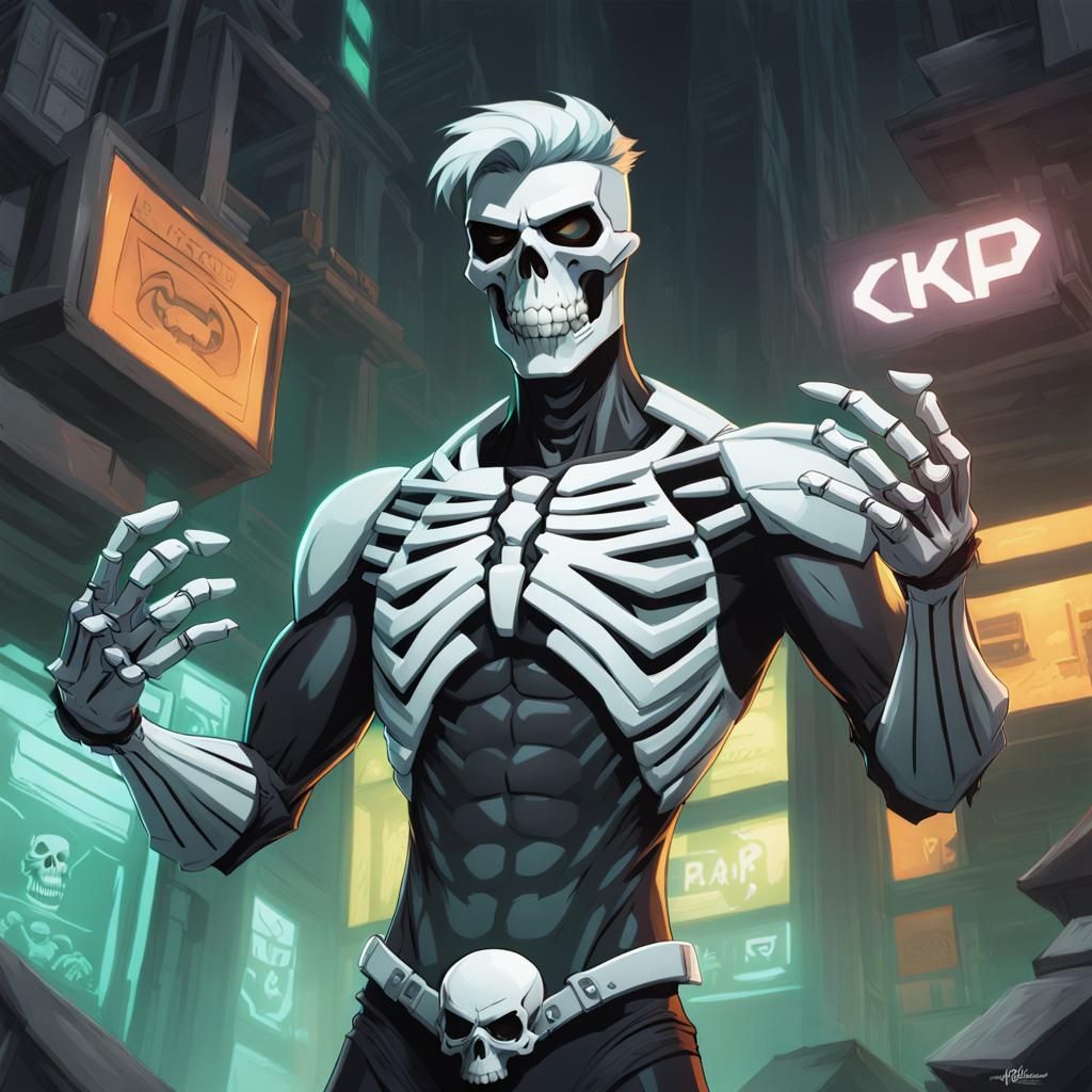 Danny Phantom, His chest is protected by a ribcage-like curuass, bony plates cover his abdomen. His hands are clad in gl...
