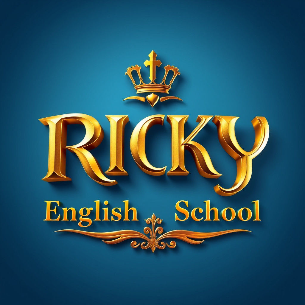 לוגו יוקרתי ומרשים בסגנון אלגנטי לבית ספר בשפה האנגלית, משדר יוקרה ותחכום בגווני זהב מלכותיים ורקע כחול מלכותי, עם הכותרת המכובדת "RICKY" בא...