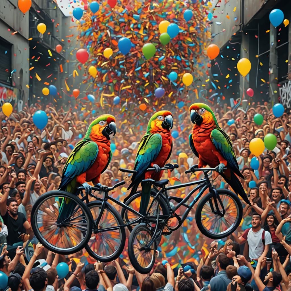 Parrots on Bicycles in a Street Art Performance