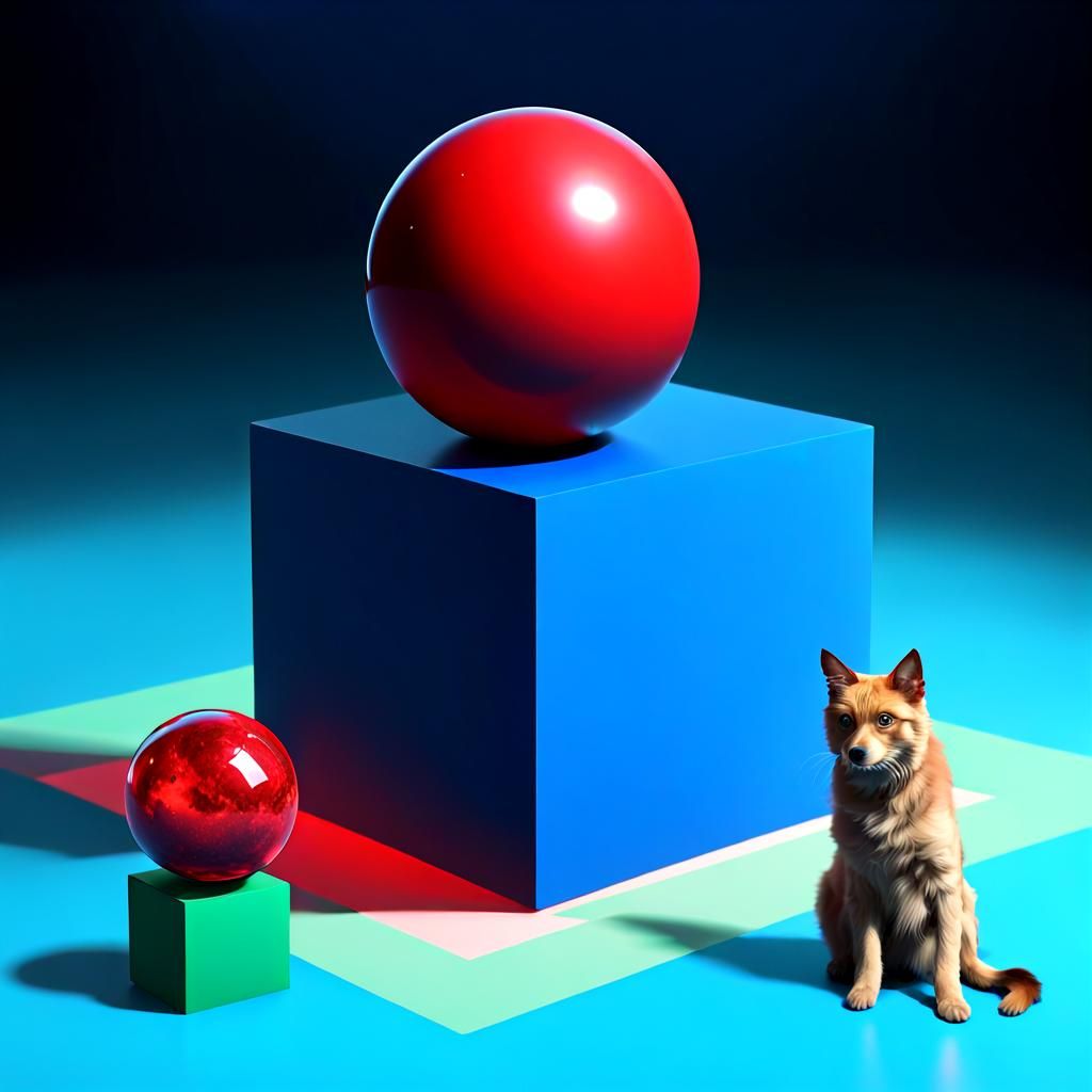 Photo of a red sphere on top of a blue cube.  Behind them is a green triangle. On the left is a dog. On the right is a c...