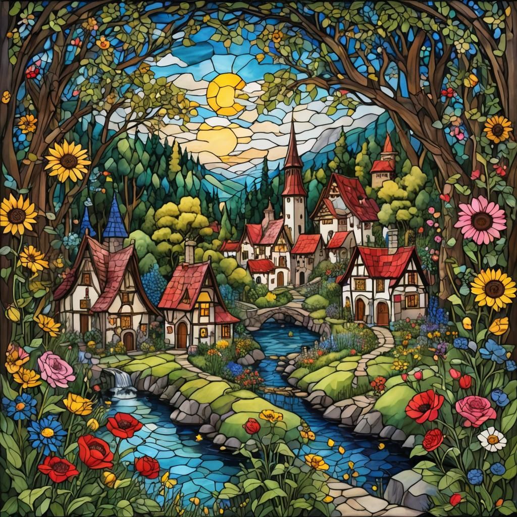 Stained glass of a hidden medieval village in a fantasy fore...