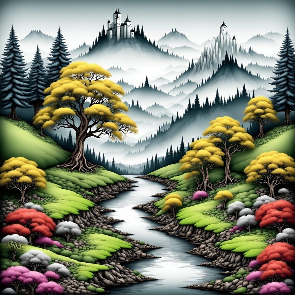 <lora:SelectiveColor1-Fb:1.0> castle, landscape, trees, flowers