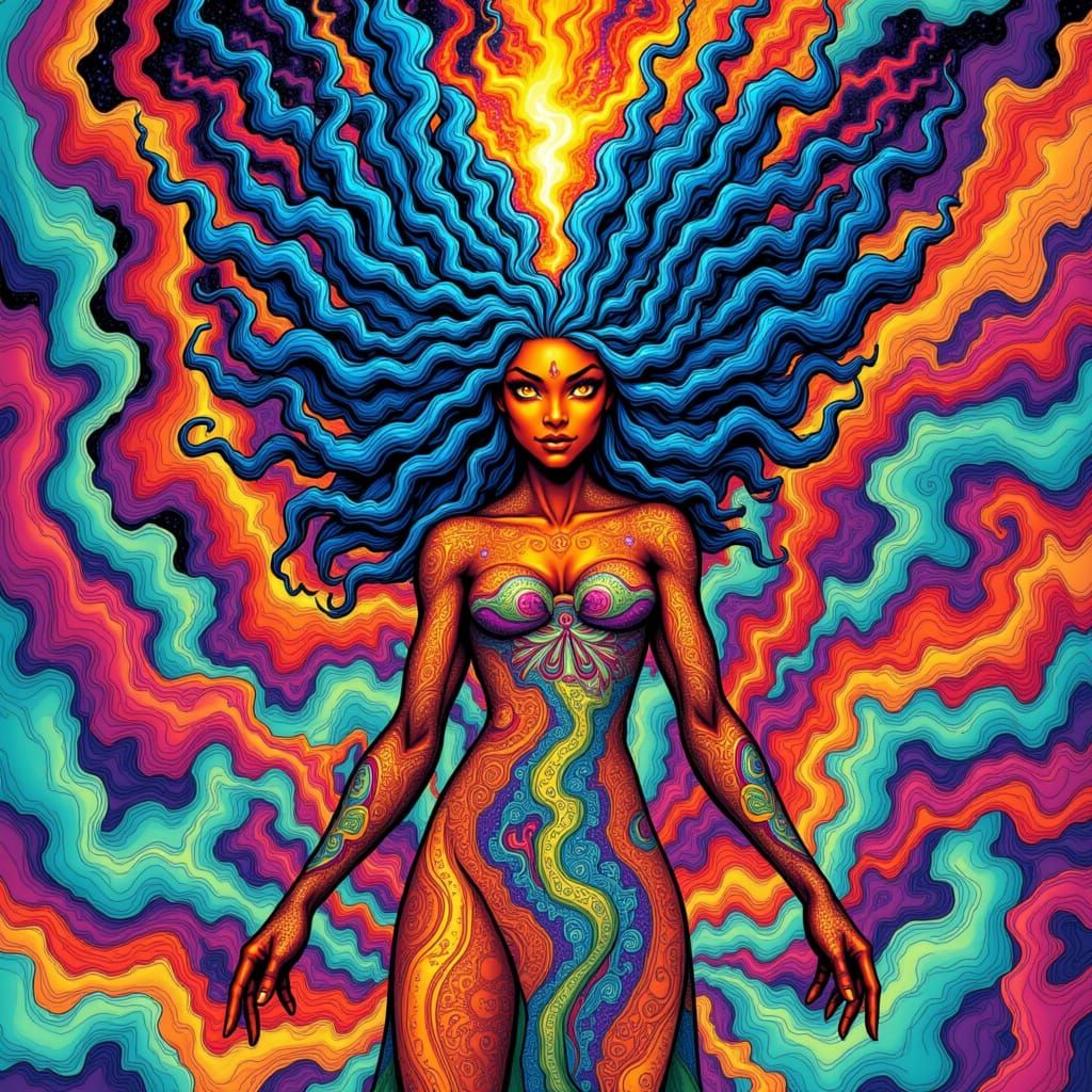 In a maelstrom of swirling colors and dynamic lines, juvenile Sister of Chaos dances, her orange skin anad multicolored dress mesmerizing mo...