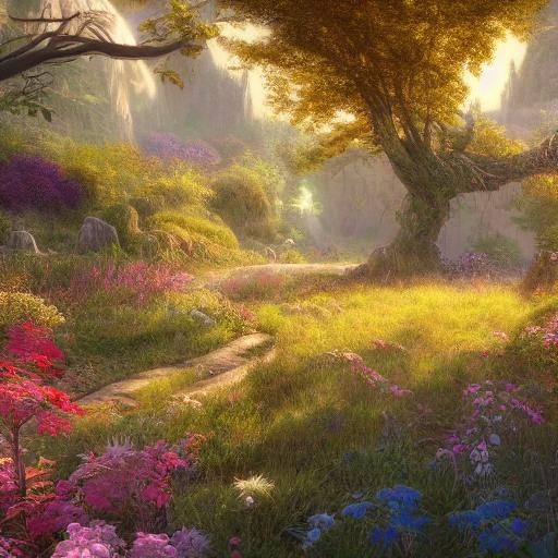 rural mystic garden in bright light of golden hour