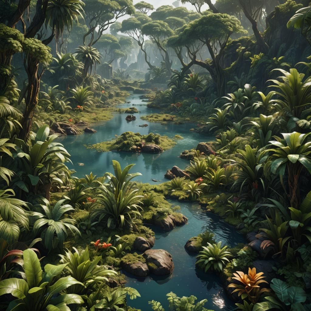 hyper Realistic image with a jungle, ocean, desert, swamp in...