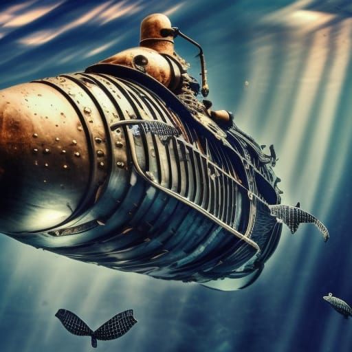 Steampunk submarine underwater.