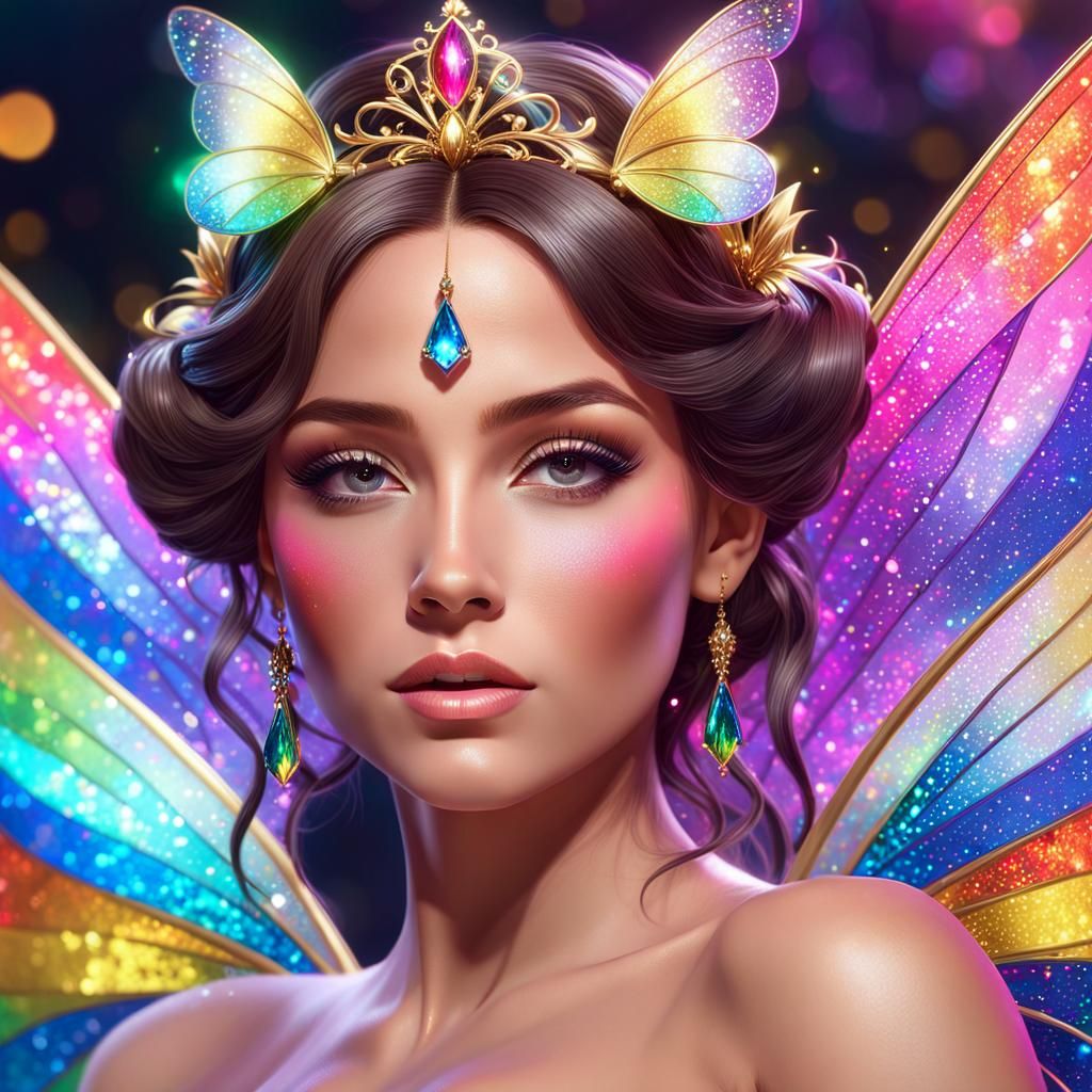 a beautiful fairy queen with shimmering wings, realistic, ra...