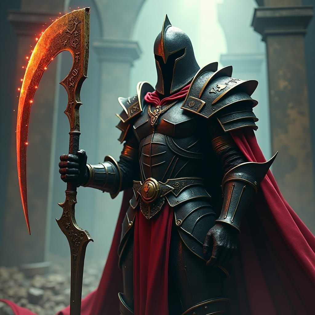 Dark-fantasy, Dark Knight, gothic black armour with blood-red accents, with massive gold scythe