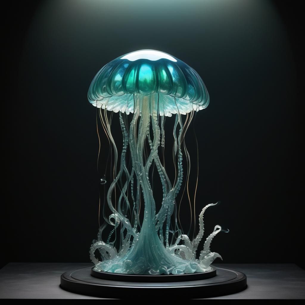 A mesmerizing jelly sculpture, standing tall and proud, cast...