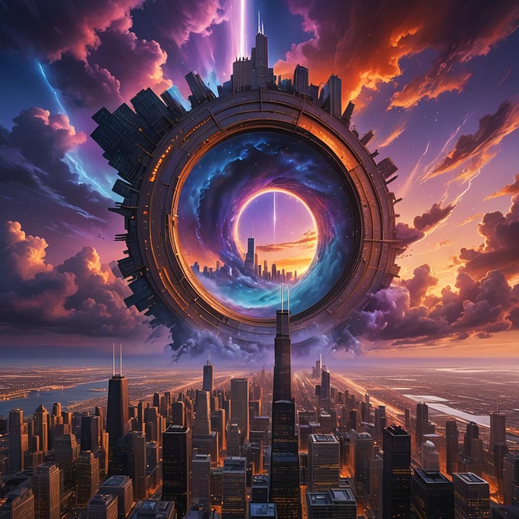 Shimmering Portal Over Chicago: Matte Painting