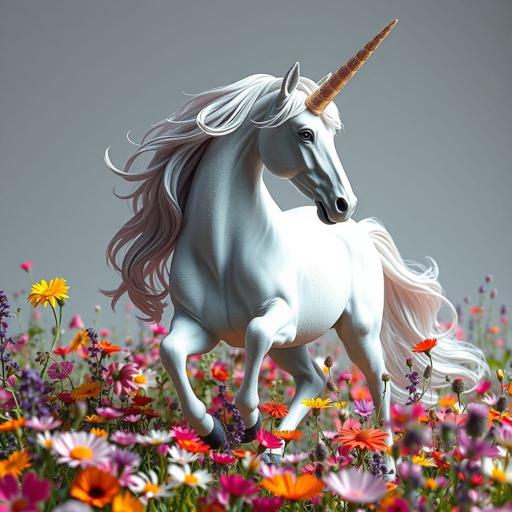 Majestic Unicorn in Wildflower Field: Floral Design Art