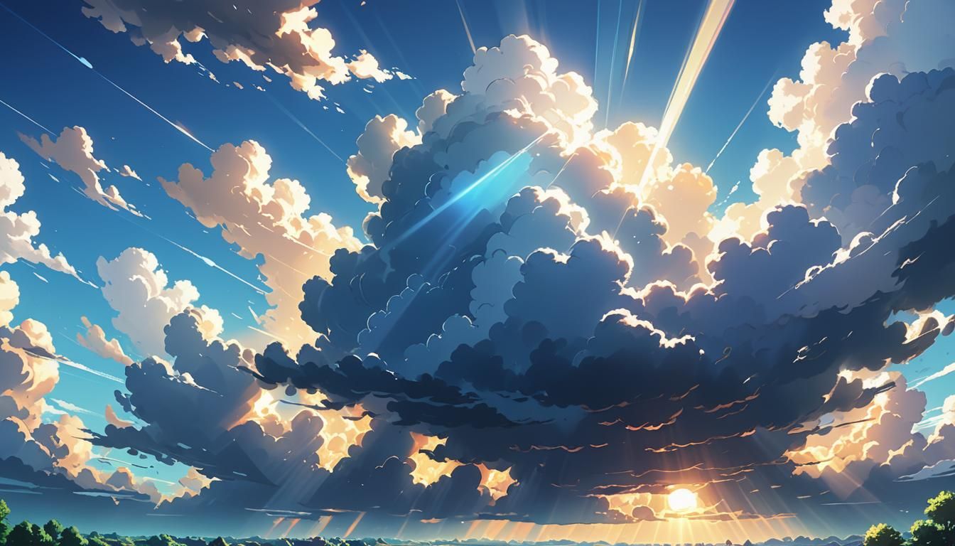 Soft sound in the skies with sunlight peeking through the clouds Masterpiece, Best Quality, flat, Manga Scan, Anime, cin...