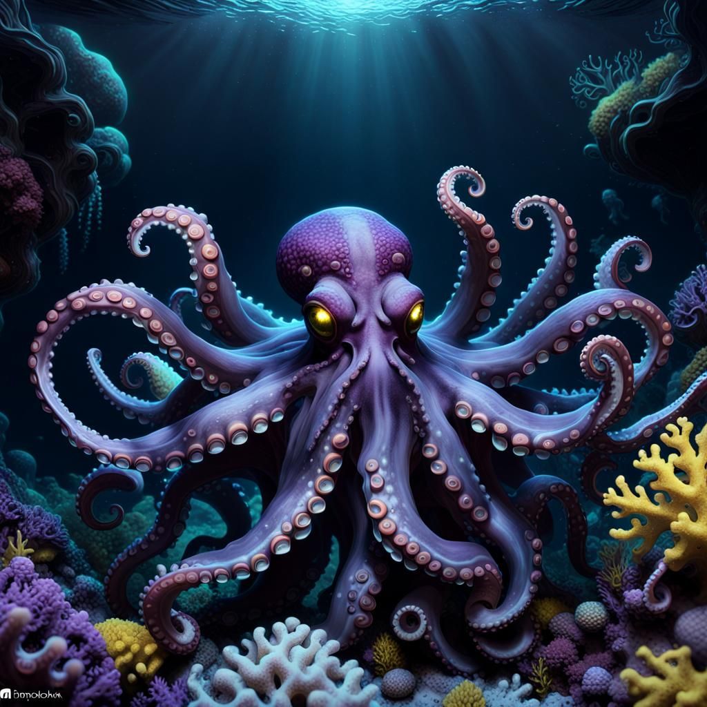 Menacing octopus, bioluminescent coral reef, pitch black night, - AI ...