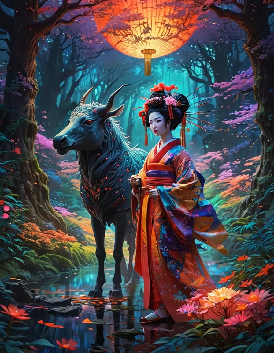 Insanely detailed neon colored epic artwork of a geisha walks together ...