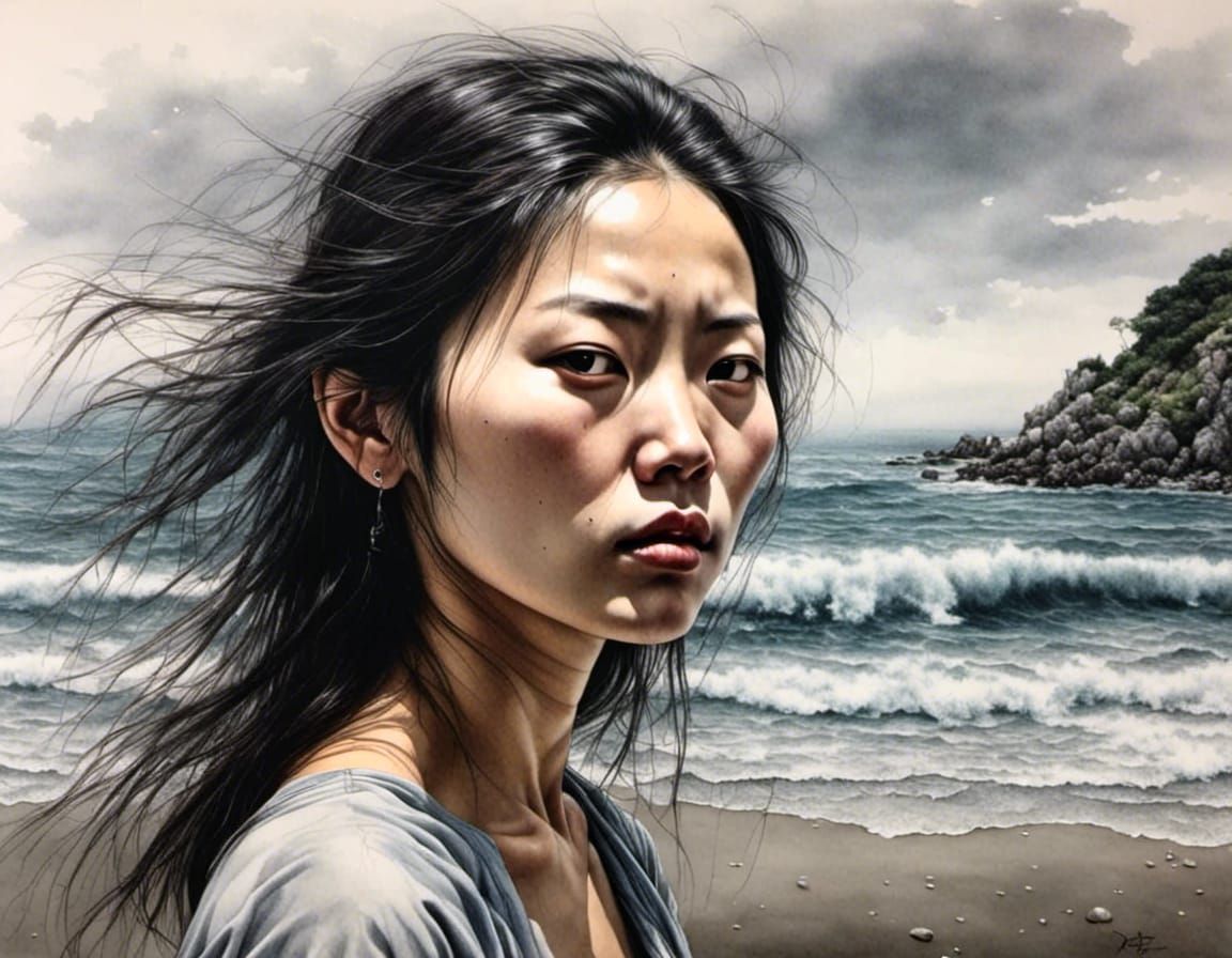 <lora:Hyperrealistic face:1.0> A hyperrealistic pretty Asian woman walking by the sea. InsanelyDetailed face.